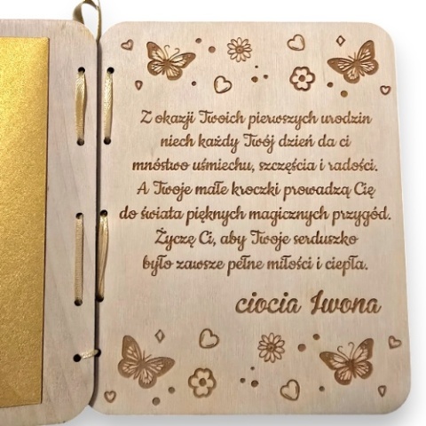 KARTKA NA ROCZEK PAW KARTKA DREWNIANA URODZINY PERSONALIZOWANA + Koperta złota