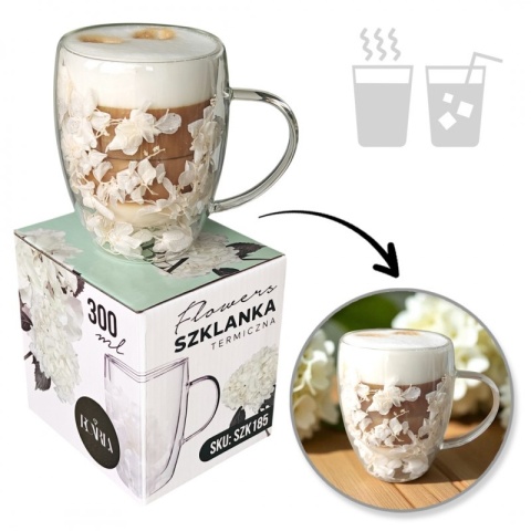 Szklanka termiczna kwiaty w środku HORTENSJA BIAŁA 300ml Podwójne dno