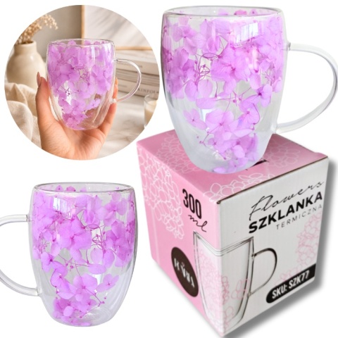 Szklanka termiczna kwiaty w środku HORTENSJA FIOLETOWA 300ml Podwójne dno
