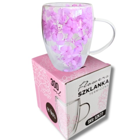 Szklanka termiczna kwiaty w środku HORTENSJA FIOLETOWA 300ml Podwójne dno