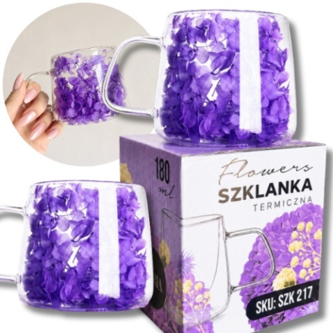 Szklanka termiczna kwiaty w środku HORTENSJA Fioletowa 180ml Podwójne dno