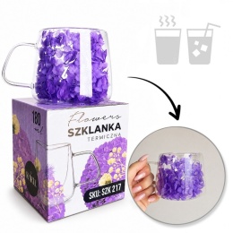 Szklanka termiczna kwiaty w środku HORTENSJA Fioletowa 180ml Podwójne dno