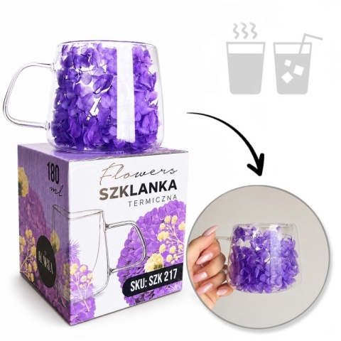 Szklanka termiczna kwiaty w środku HORTENSJA Fioletowa 180ml Podwójne dno