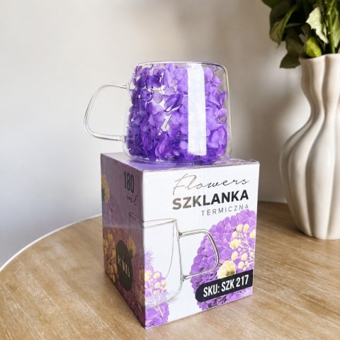 Szklanka termiczna kwiaty w środku HORTENSJA Fioletowa 180ml Podwójne dno