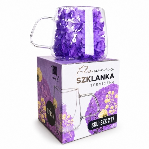Szklanka termiczna kwiaty w środku HORTENSJA Fioletowa 180ml Podwójne dno