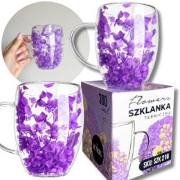 Szklanka termiczna kwiaty w środku HORTENSJA Fioletowa 300ml Podwójne dno