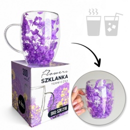 Szklanka termiczna kwiaty w środku HORTENSJA Fioletowa 300ml Podwójne dno