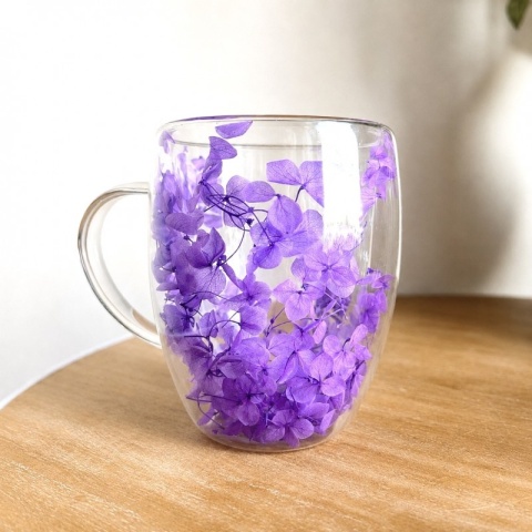 Szklanka termiczna kwiaty w środku HORTENSJA Fioletowa 300ml Podwójne dno