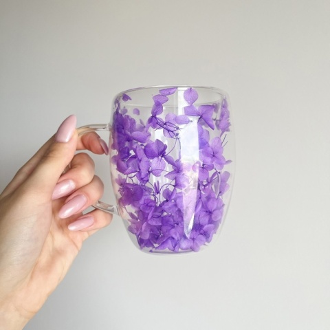 Szklanka termiczna kwiaty w środku HORTENSJA Fioletowa 300ml Podwójne dno