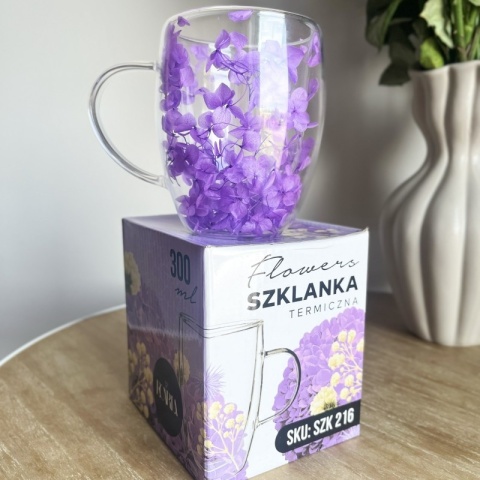 Szklanka termiczna kwiaty w środku HORTENSJA Fioletowa 300ml Podwójne dno