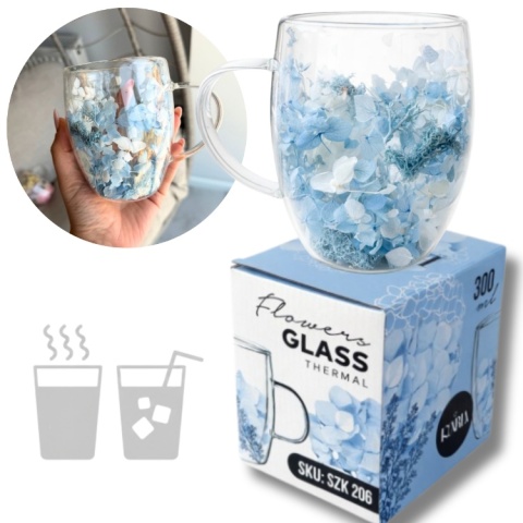 Szklanka termiczna kwiaty w środku HORTENSJA NIEBIESKA 300ml Podwójne dno