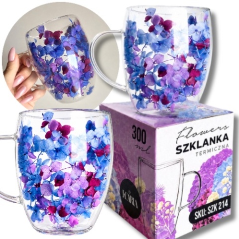 Szklanka termiczna kwiaty w środku HORTENSJA NIEBIESKA 300ml Podwójne dno