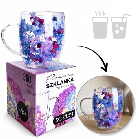 Szklanka termiczna kwiaty w środku HORTENSJA NIEBIESKA 300ml Podwójne dno