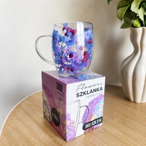 Szklanka termiczna kwiaty w środku HORTENSJA NIEBIESKA 300ml Podwójne dno