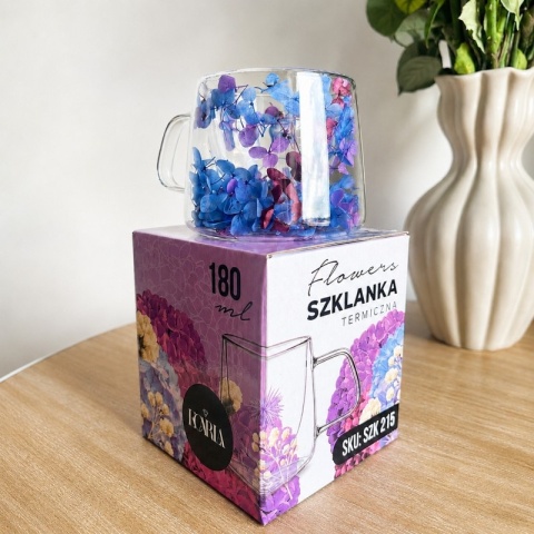 Szklanka termiczna kwiaty w środku HORTENSJA Niebieska 180ml Podwójne dno