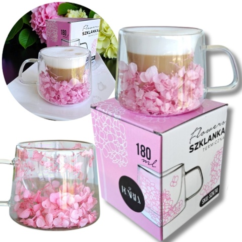 Szklanka termiczna kwiaty w środku HORTENSJA RÓŻOWA 180ml Podwójne dno