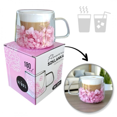 Szklanka termiczna kwiaty w środku HORTENSJA RÓŻOWA 180ml Podwójne dno