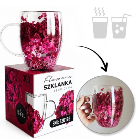 Szklanka termiczna z kwiatami w środku HORTENSJA 300ml Podwójne dno PREZENT