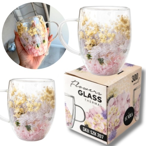 Szklanka termiczna z kwiatami w środku HORTENSJA GIPSÓWKA 300ml Podwójne dno