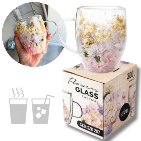 Szklanka termiczna z kwiatami w środku HORTENSJA GIPSÓWKA 300ml Podwójne dno