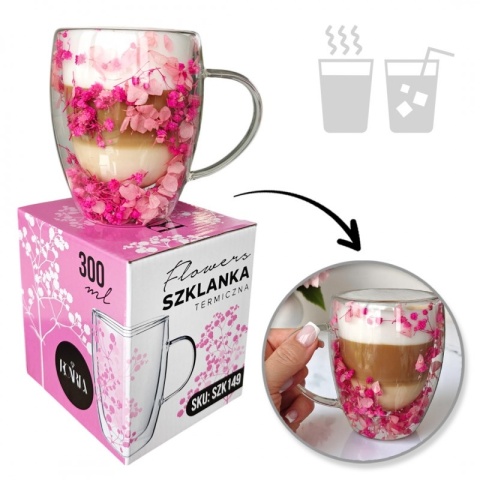 Szklanka termiczna z kwiatami w środku HORTENSJA GIPSÓWKA 300ml Podwójne dno