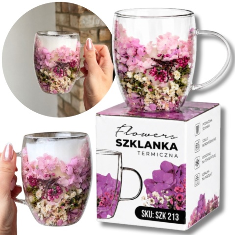 Szklanka termiczna z kwiatami w środku HORTENSJA WRZOS 300ml Podwójne dno