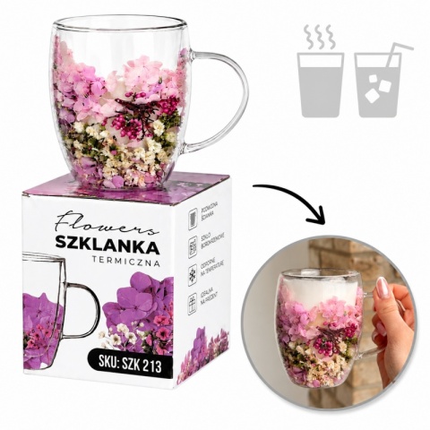 Szklanka termiczna z kwiatami w środku HORTENSJA WRZOS 300ml Podwójne dno